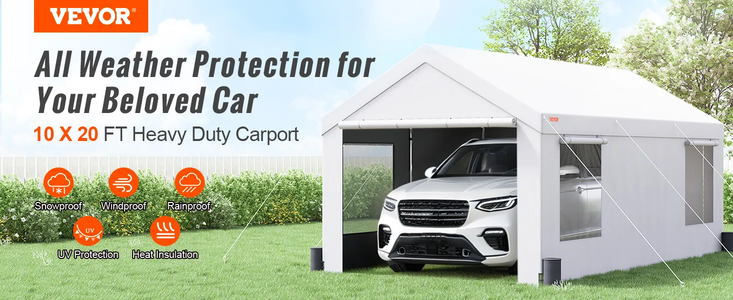 VEVOR carport offering all-weather protection for your car with snowproof, windproof, and rainproof features.