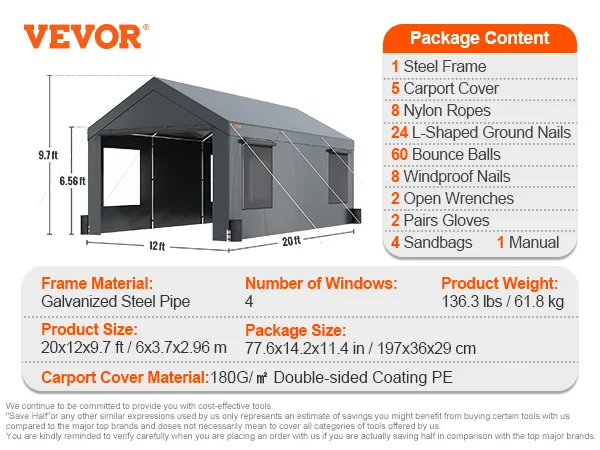 VEVOR Carport, Heavy Duty 12x20ft Car Canopy, Outdoor Garage Shelter with Removable Sidewalls, Roll-up Ventilated Windows & Door, UV Resistant Waterproof All-Season Tarp for Car, Truck, Boat, Darkgray