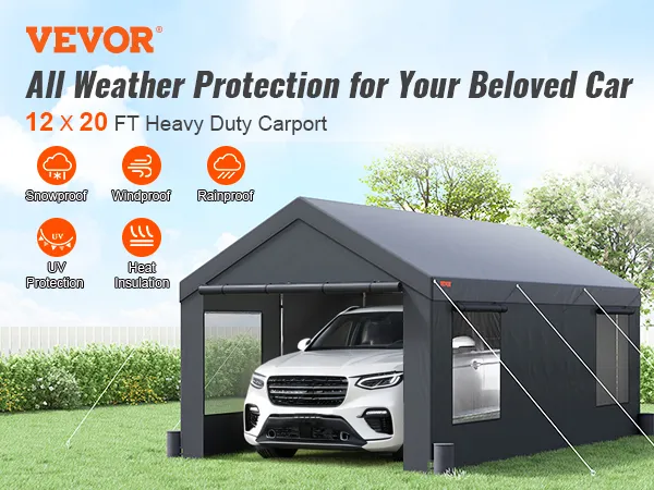 VEVOR Carport, Heavy Duty 12x20ft Car Canopy, Outdoor Garage Shelter with Removable Sidewalls, Roll-up Ventilated Windows & Door, UV Resistant Waterproof All-Season Tarp for Car, Truck, Boat, Darkgray