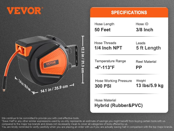 Einziehbarer Luftschlauchaufroller von VEVOR, 50 Fuß Länge, 3/8 Zoll Innendurchmesser, 300 psi, Hybridgummi/PVC, 13 lbs.