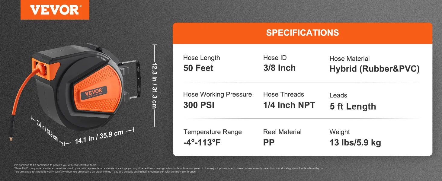 Einziehbarer Luftschlauchaufroller von VEVOR, 50 Fuß Länge, 3/8 Zoll Innendurchmesser, 300 psi, Hybridgummi/PVC, 13 lbs.