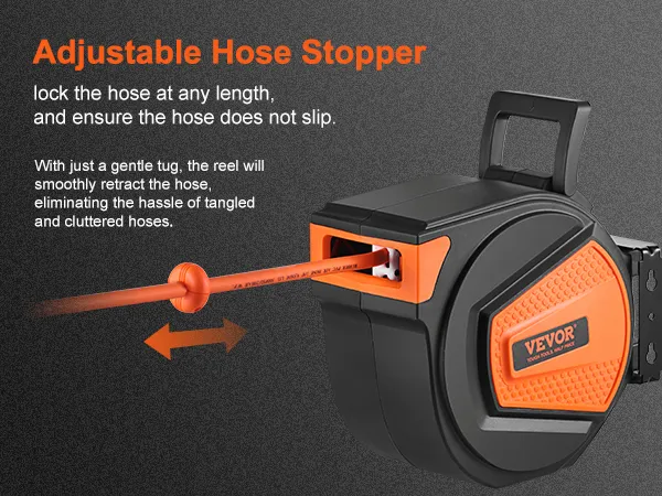 Einziehbarer Luftschlauchaufroller von VEVOR mit einstellbarem Stopper, der ein sanftes Einziehen und saubere Schläuche gewährleistet.