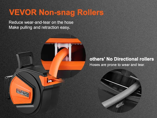 Einziehbarer Luftschlauchaufroller von VEVOR mit klemmfreien Rollen im Vergleich zu den richtungslosen Rollen anderer Hersteller.