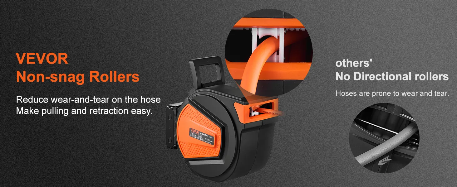Einziehbarer Luftschlauchaufroller von VEVOR mit klemmfreien Rollen im Vergleich zu den richtungslosen Rollen anderer Hersteller.