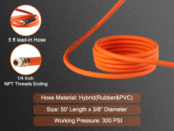 Einziehbarer Luftschlauchaufroller von VEVOR, 50 Fuß Hybridgummi und PVC, 1/4 Zoll NPT-Gewinde, 300 psi Kapazität.