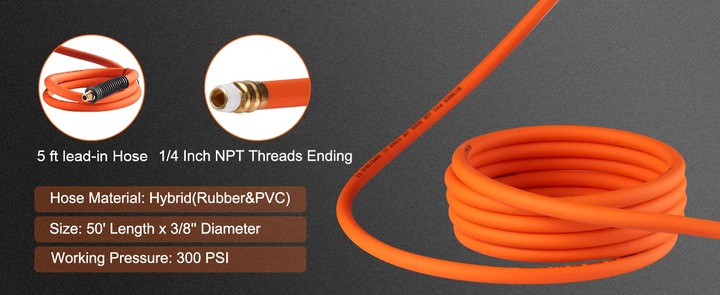 Einziehbarer Luftschlauchaufroller von VEVOR, 50 Fuß Hybridgummi und PVC, 1/4 Zoll NPT-Gewinde, 300 psi Kapazität.