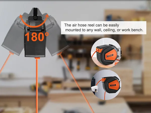 Einziehbarer Luftschlauchaufroller von VEVOR mit 180-Grad-Schwenkhalterung zur Wand-, Decken- oder Werkbankmontage.