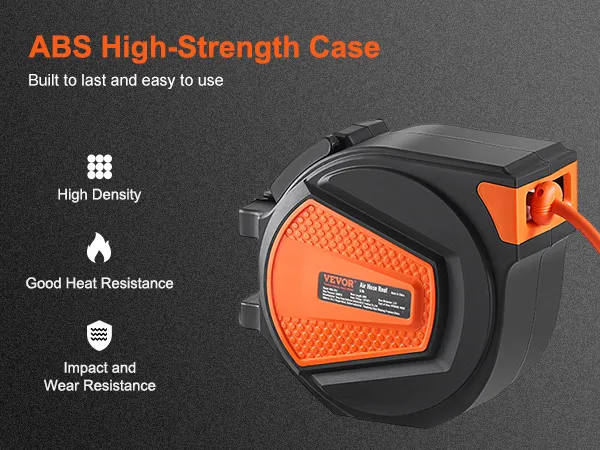 Einziehbarer Luftschlauchaufroller von VEVOR mit hochfestem ABS-Gehäuse, hoher Dichte, hitze-, stoß- und verschleißfest.
