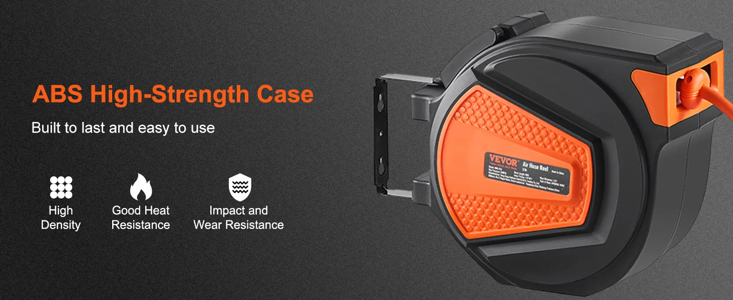 Einziehbarer Luftschlauchaufroller von VEVOR mit hochfestem ABS-Gehäuse, hoher Dichte, hitze-, stoß- und verschleißfest.