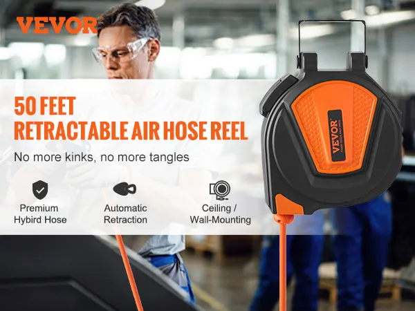 Der einziehbare Luftschlauchaufroller von VEVOR verfügt über einen 15 m langen Premium-Hybridschlauch, automatischen Einzug und Decken-/Wandmontage.