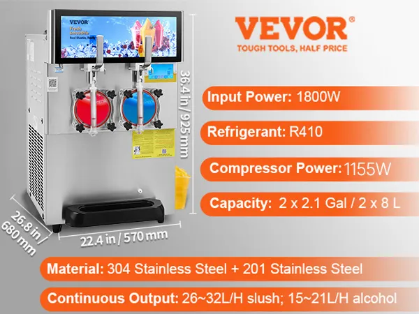 Máquina de granizados VEVOR con 1800 W de potencia, capacidad de 2x8 l y construcción de acero inoxidable que muestra las especificaciones.