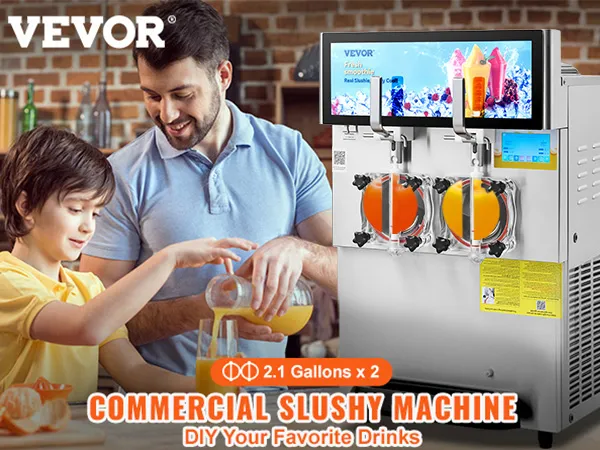 Padre e hijo preparando bebidas frescas con la máquina de granizados VEVOR en una cocina. Máquina de granizados comercial.
