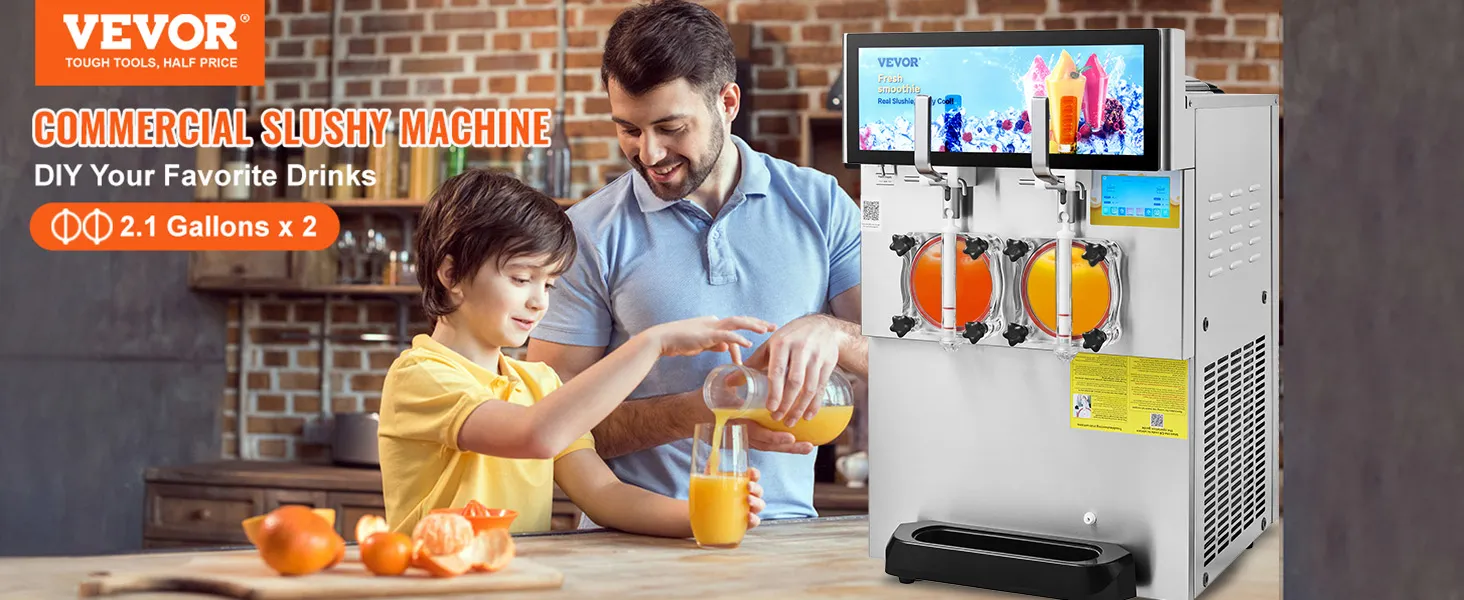 Padre e hijo preparando bebidas frescas con la máquina de granizados VEVOR en una cocina. Máquina de granizados comercial.