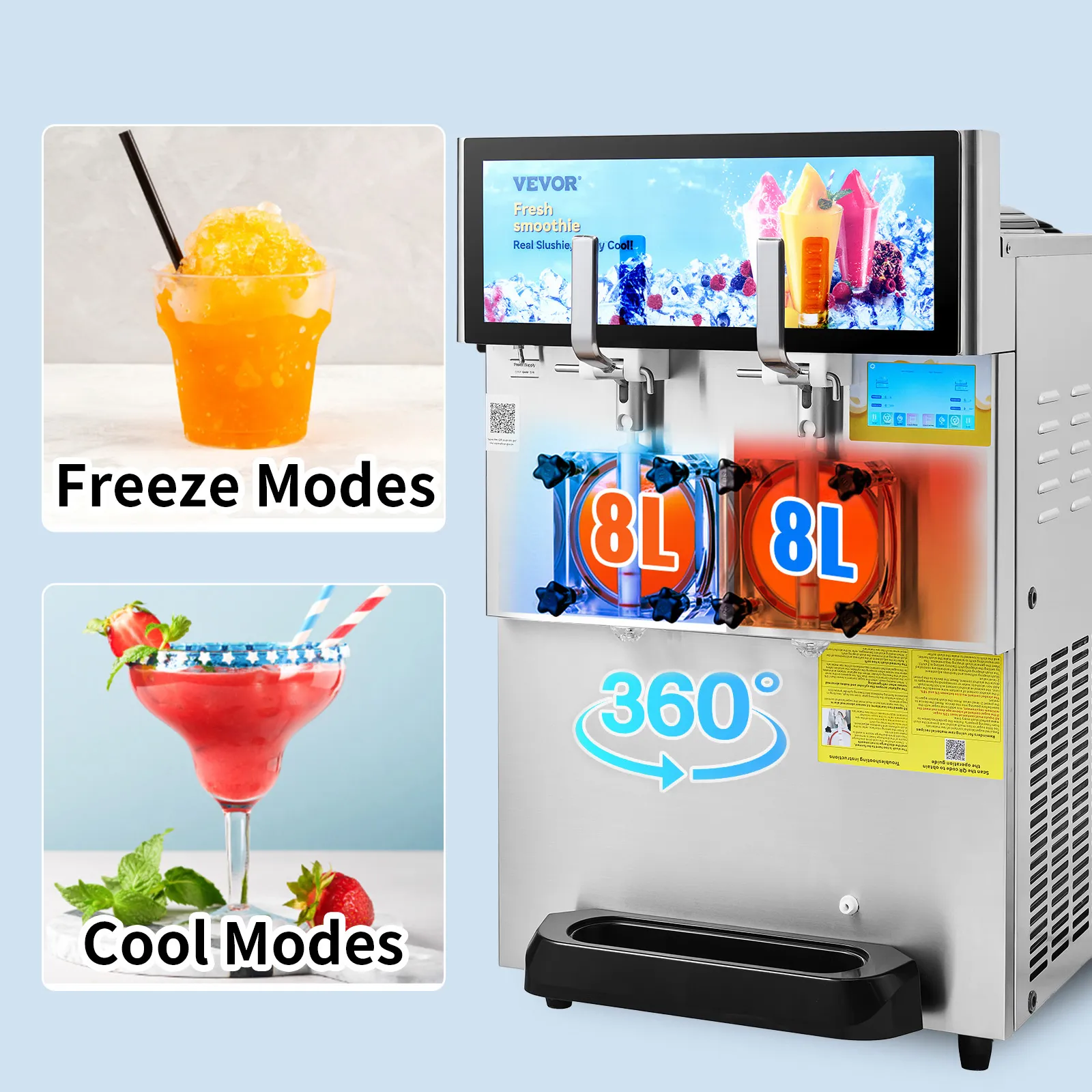 Máquina de granizados VEVOR con dos dispensadores, cuerpo de acero inoxidable y pantalla digital.