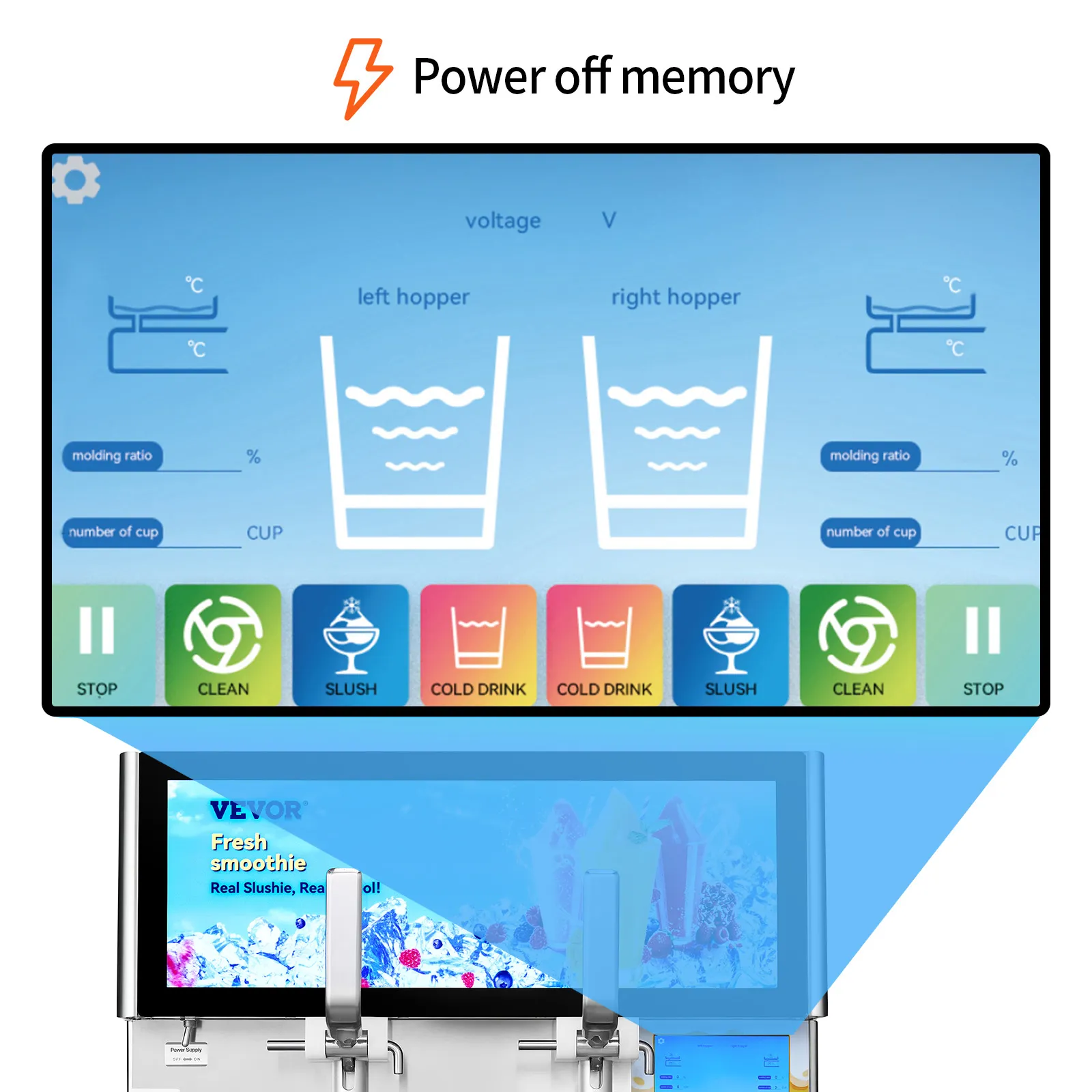 Vista superior de contenedores dobles de acero inoxidable en una máquina de granizados VEVOR con tapa negra.