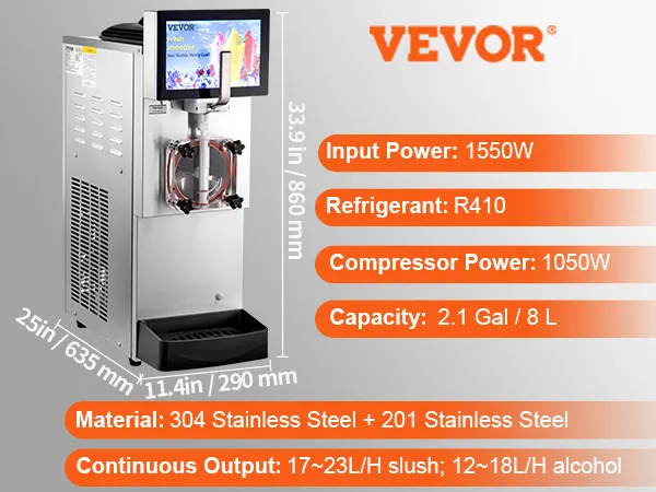Máquina de granizados VEVOR con entrada de 1550w, compresor de 1050w, capacidad de 2,1 gal, cuerpo de acero inoxidable.