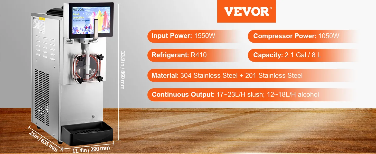 Máquina de granizados VEVOR con entrada de 1550w, compresor de 1050w, capacidad de 2,1 gal, cuerpo de acero inoxidable.