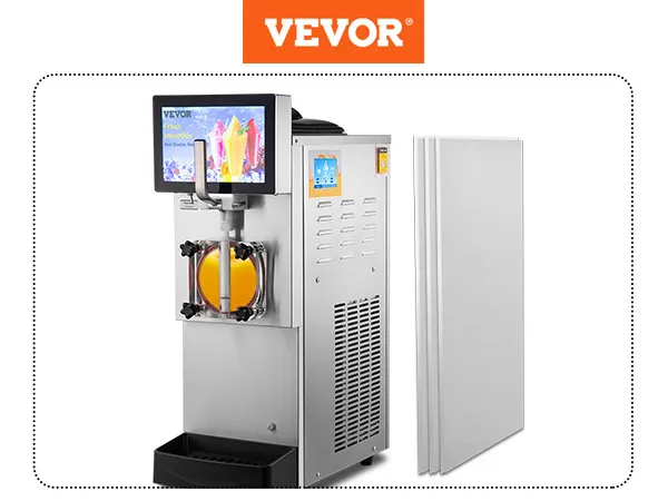 Máquina de granizados VEVOR con un elegante diseño de acero inoxidable, pantalla digital y pico de vertido fácil.