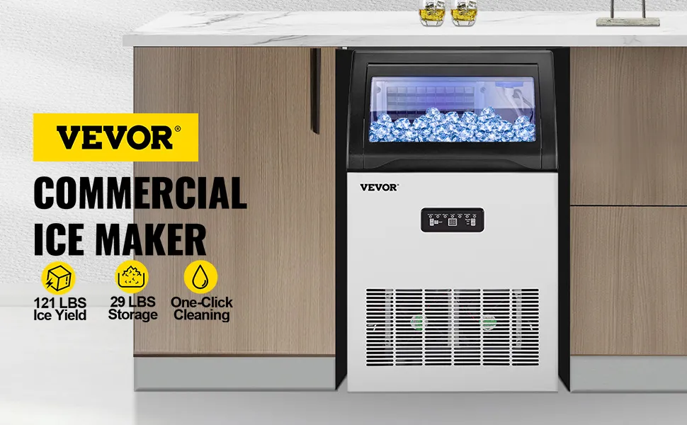 Máquina de hielo comercial VEVOR en cocina moderna con capacidad de producción de hielo de 121 libras y almacenamiento de 29 libras.