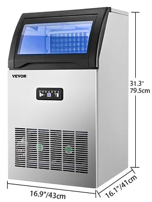 Máquina de hielo comercial VEVOR con dimensiones y panel de control digital.