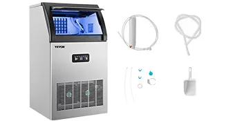 Máquina de hielo comercial VEVOR con accesorios que incluyen mangueras y pala para hielo.