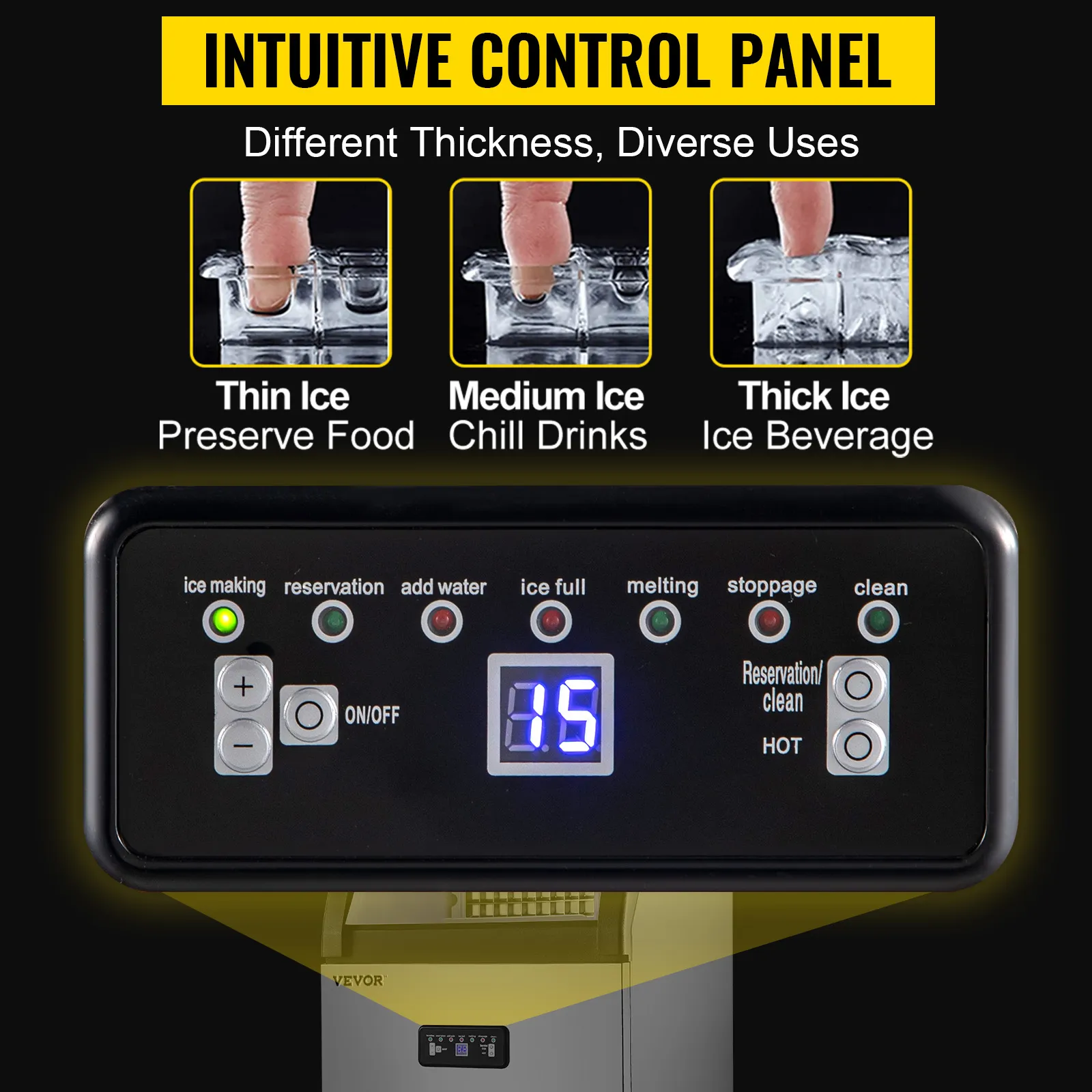 Panel de control para máquina de hielo comercial VEVOR con opciones de espesor para hielo fino, medio y grueso.