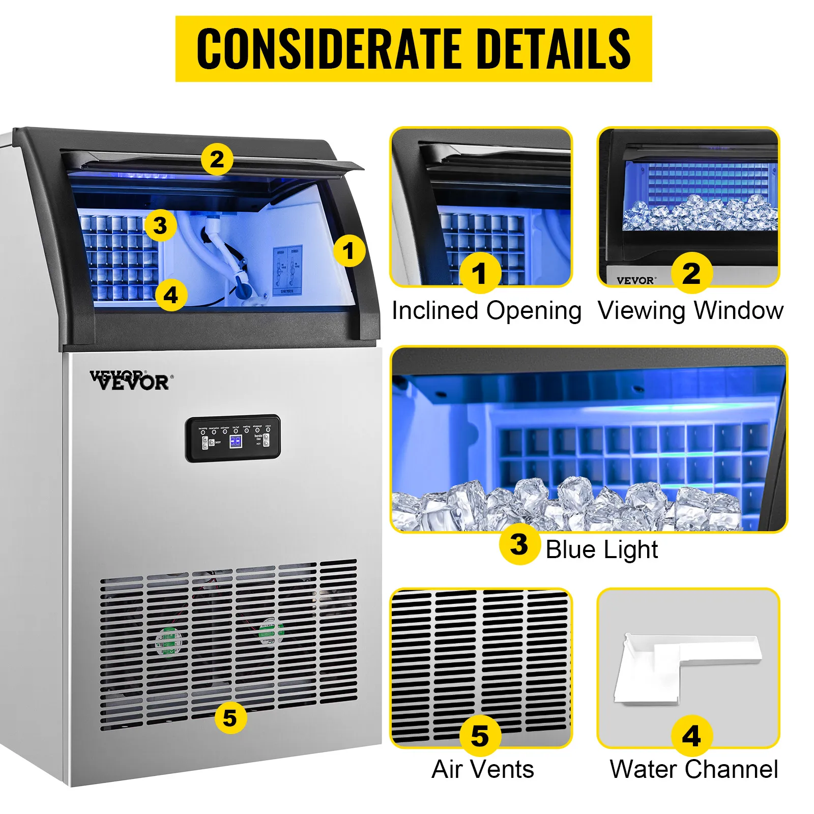 Máquina de hielo comercial VEVOR con apertura inclinada, ventana de visualización, luz azul y rejillas de ventilación.