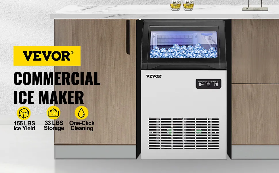 VEVOR ice maker machine in a modern kitchen, 155 lbs ice yield, 33 lbs storage.