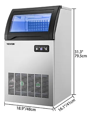 VEVOR ice maker machine with dimensions 31.3"h x 18.9"w x 16.1"d.