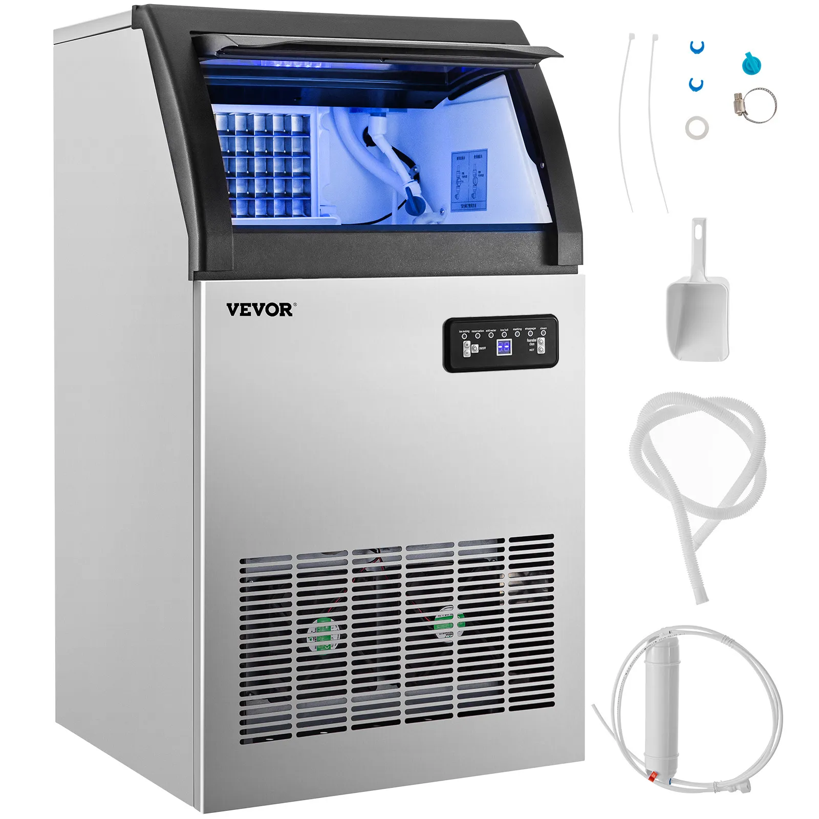 VEVOR ice maker machine, stainless steel body with accessories including hose and scoop.