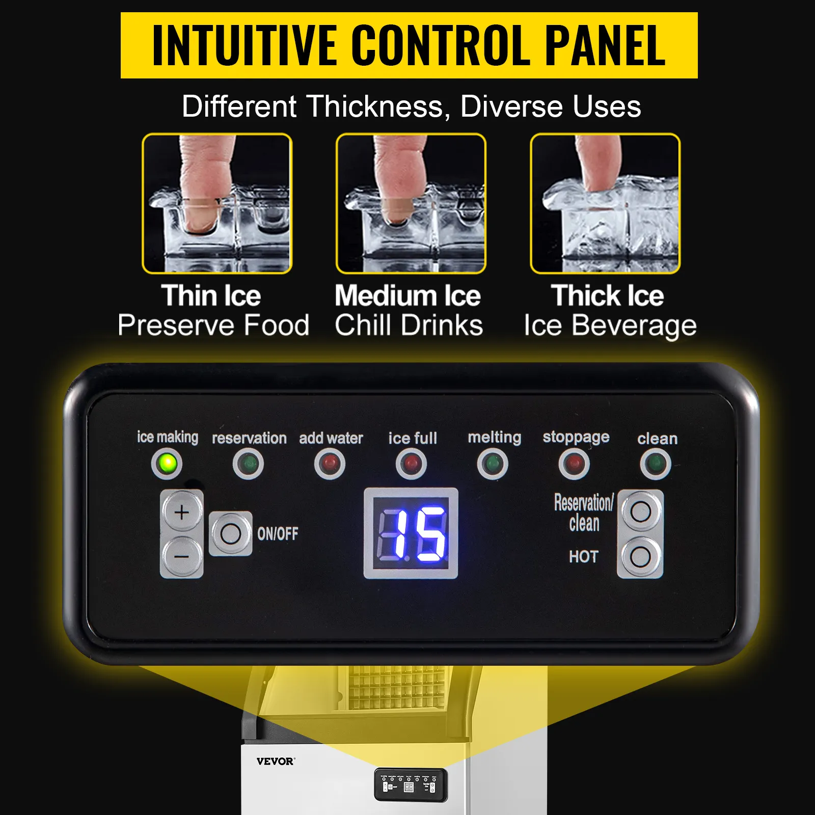 VEVOR ice maker machine control panel with settings for thin, medium, and thick ice.