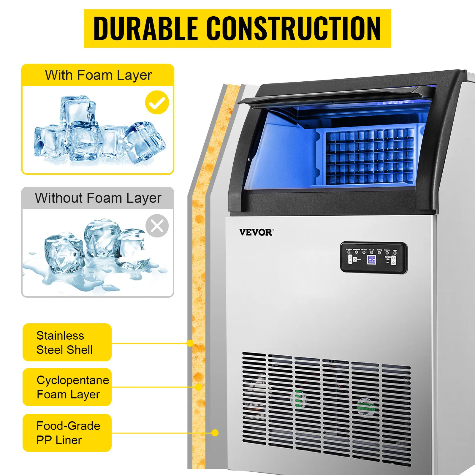 VEVOR ice maker machine with foam layer, durable construction, stainless steel shell.