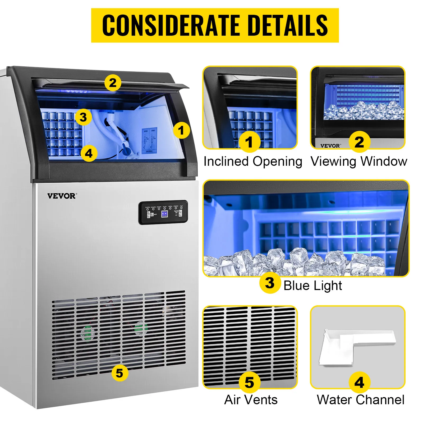 VEVOR ice maker machine with inclined opening, viewing window, and air vents.