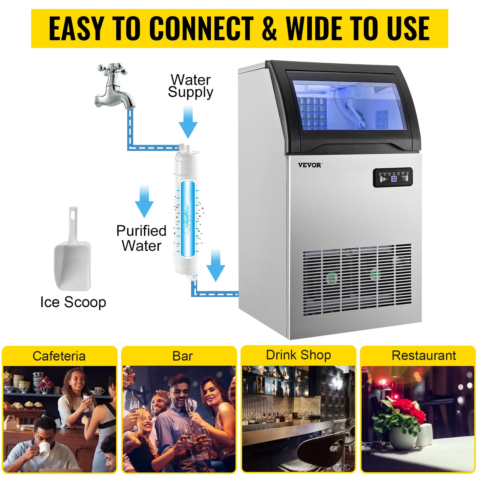 VEVOR ice maker machine diagram showing water supply, ice scoop, and diverse usage scenarios.