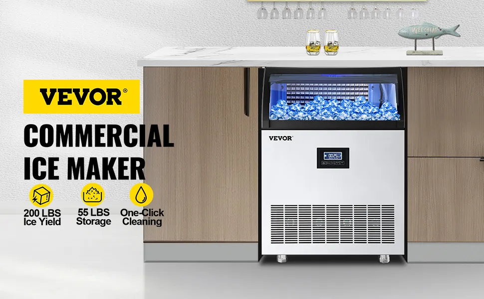 VEVOR commercial ice maker machine with 200 lbs yield and 55 lbs storage.
