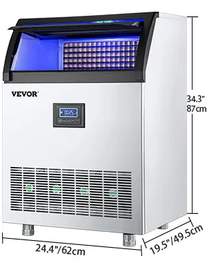 VEVOR commercial ice maker machine with blue-lit interior and control panel.