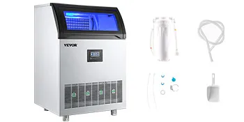 VEVOR commercial ice maker machine with accessories including filter, hose, and scoop.
