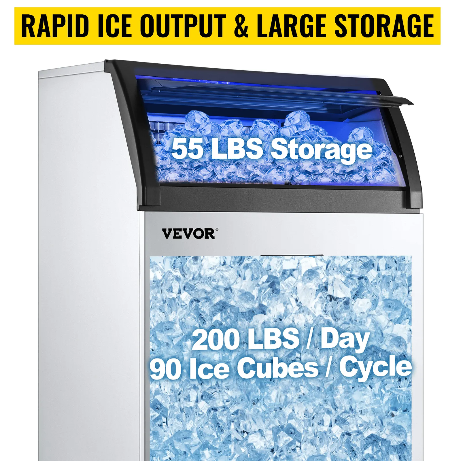VEVOR commercial ice maker machine with 55 lbs storage, 200 lbs/day, 90 cubes/cycle.