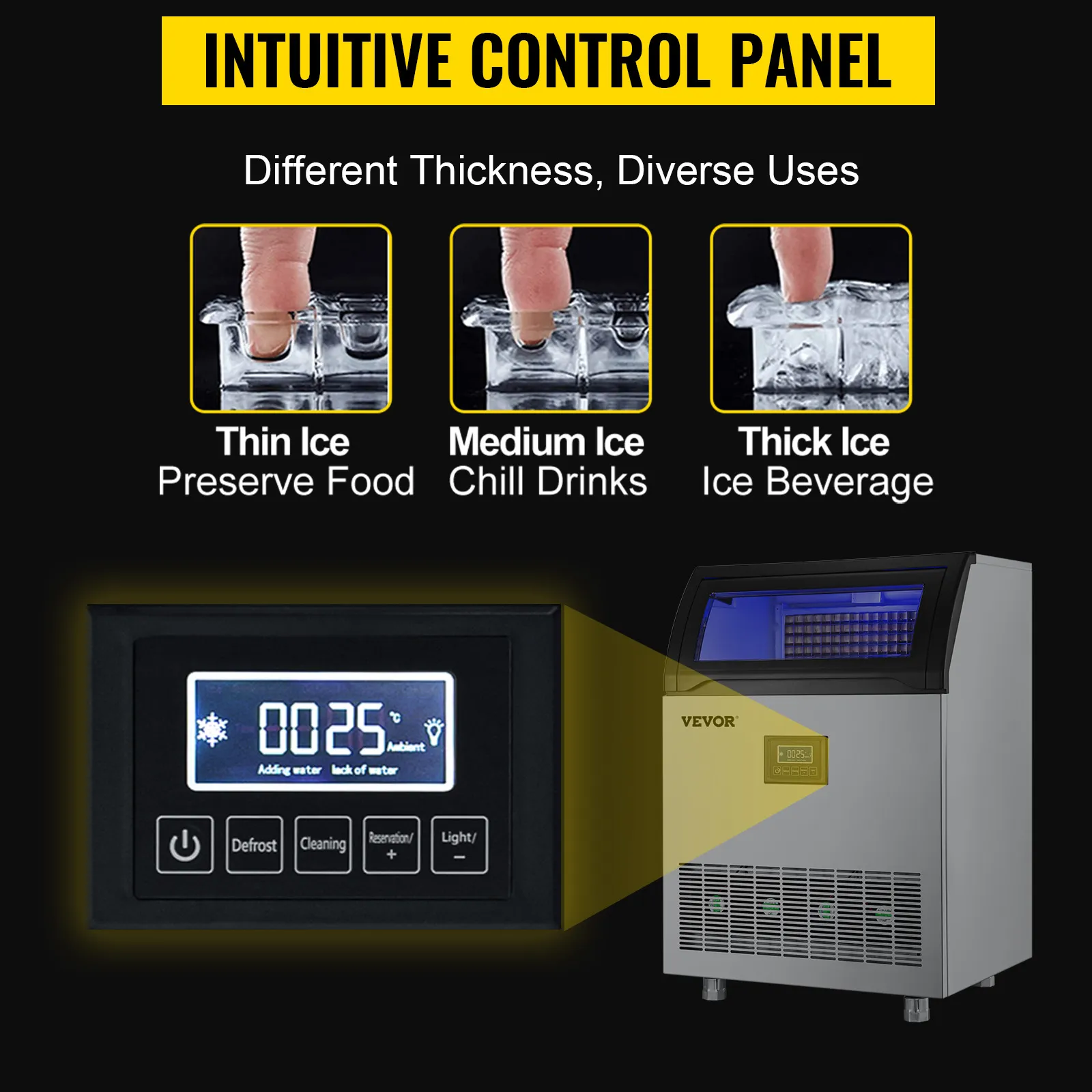 VEVOR commercial ice maker machine with intuitive control panel and ice thickness options.