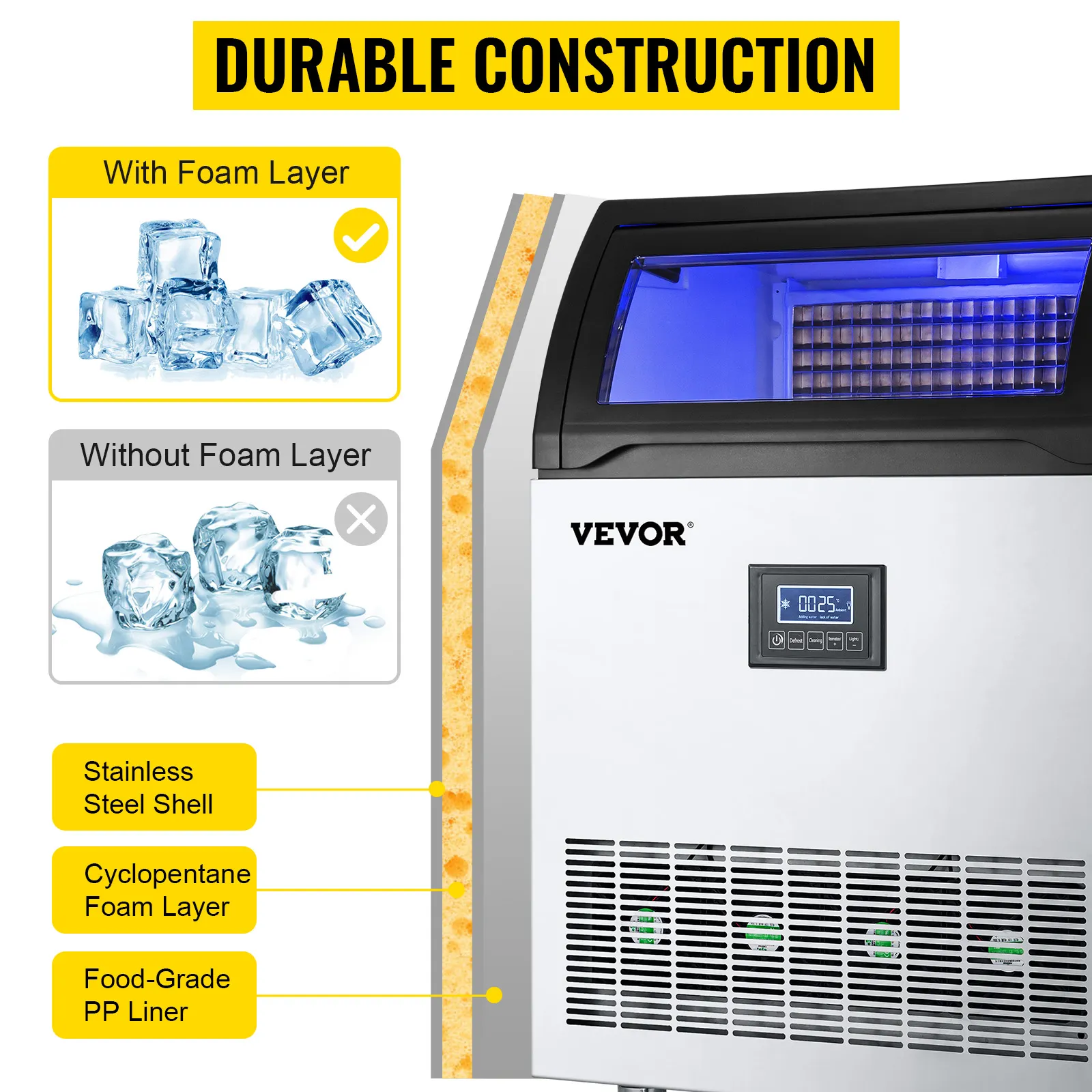 VEVOR commercial ice maker machine with foam layer for durable construction