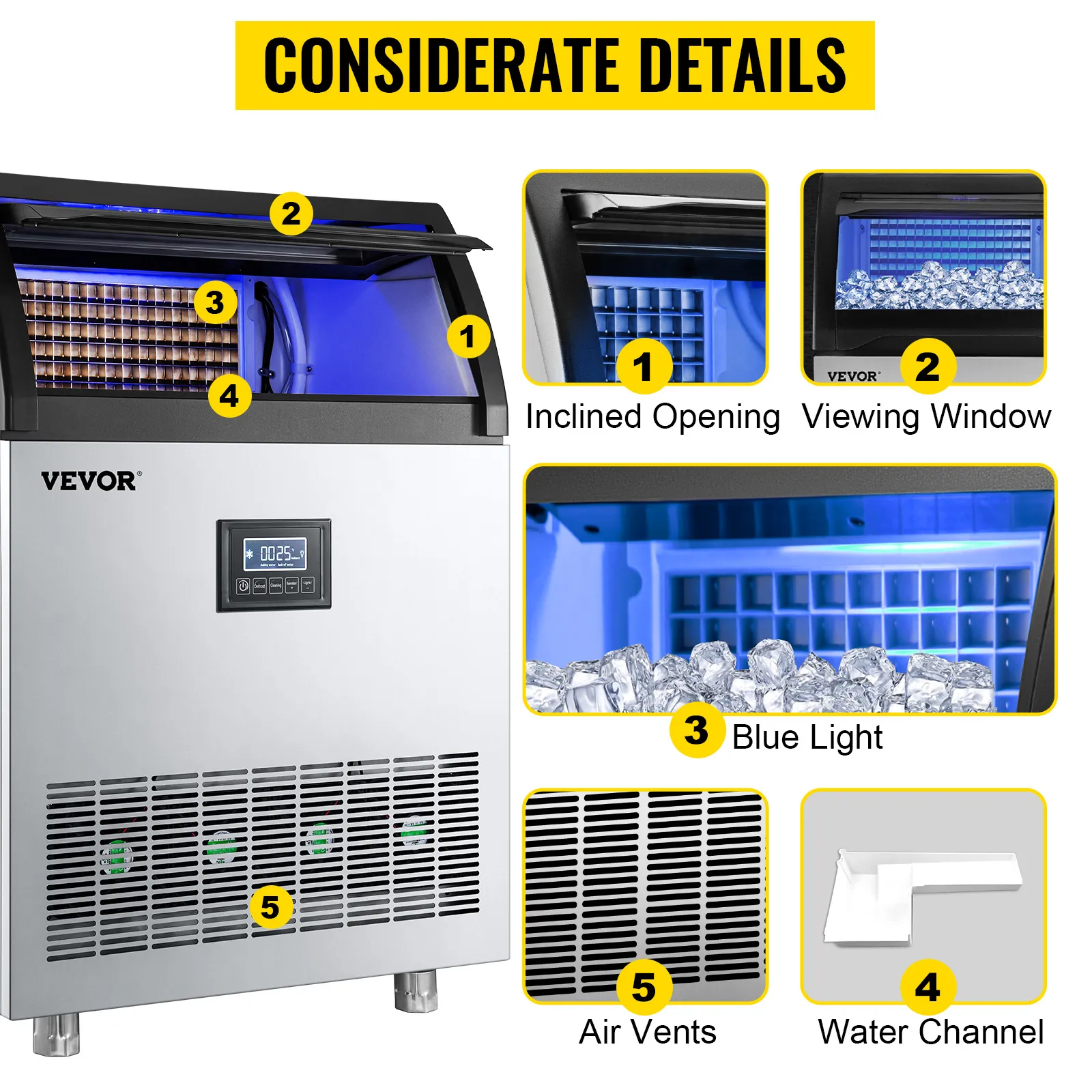 VEVOR commercial ice maker machine with inclined opening, viewing window, and blue light.