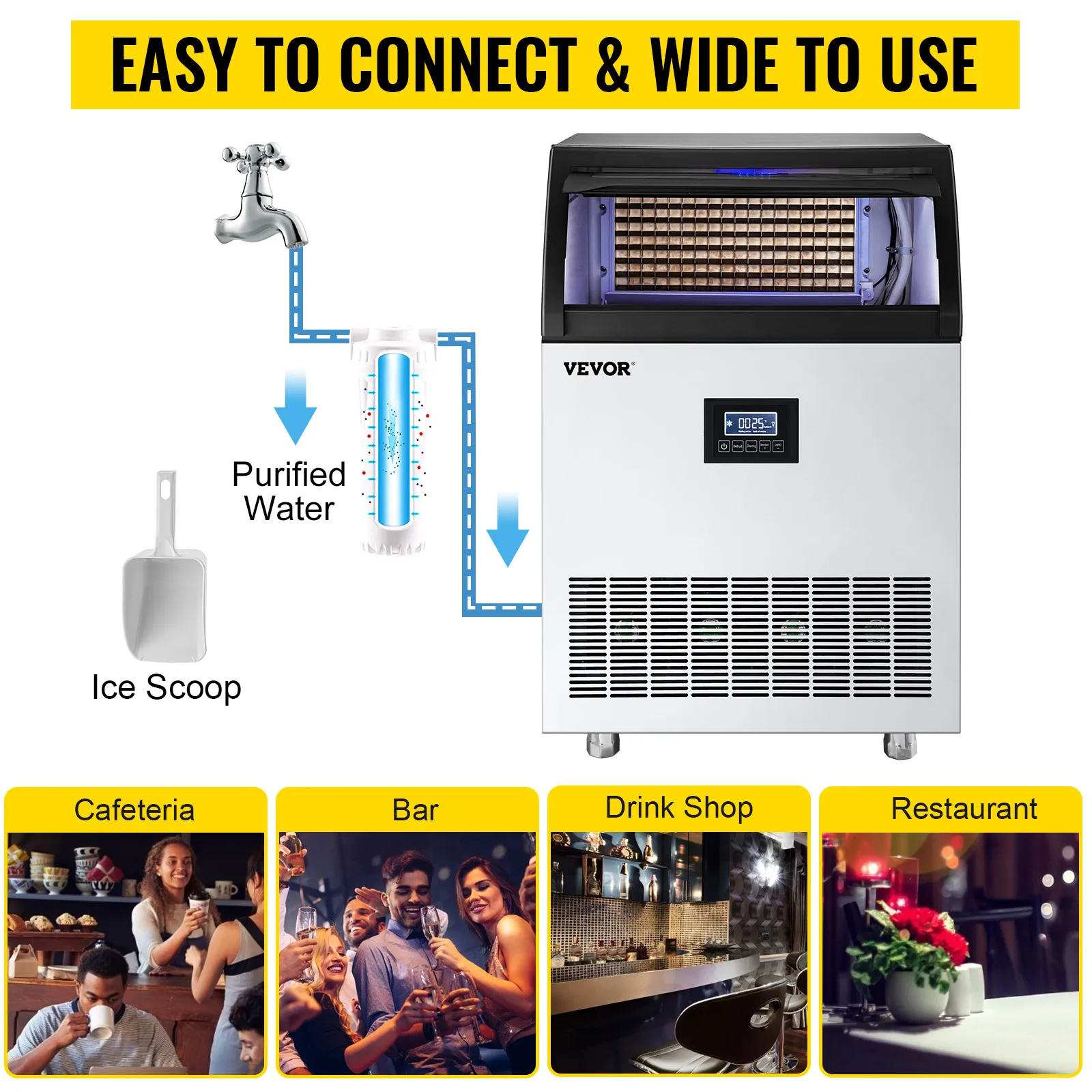 VEVOR commercial ice maker machine with water filtration and ice scoop for versatile use.