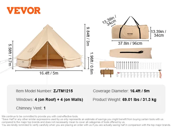 Tienda de campaña glamping VEVOR, 16,4 pies de diámetro, 69 libras de peso, con bolsa y accesorios. Modelo zjtm1215.