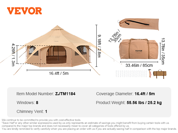 VEVOR Canvas Tent 4 Seasons 5 m/16.4 ft Bell Tent Canvas