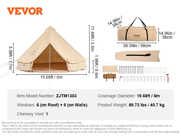 Misure, componenti e dimensioni della borsa per il trasporto della tenda glamping VEVOR sono inclusi nell'immagine.