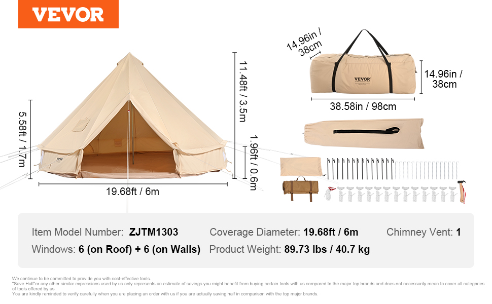 VEVOR 10-12 Person Canvas Glamping Bell Tent, Breathable