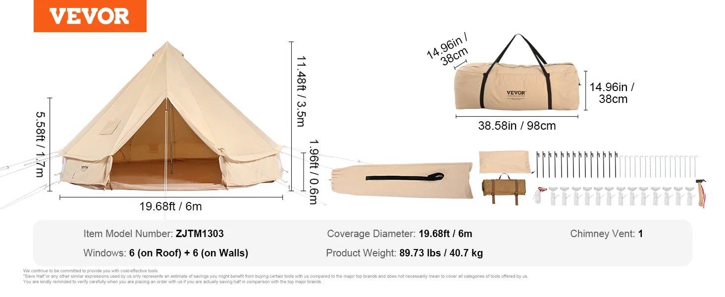 Misure, componenti e dimensioni della borsa per il trasporto della tenda glamping VEVOR sono inclusi nell'immagine.