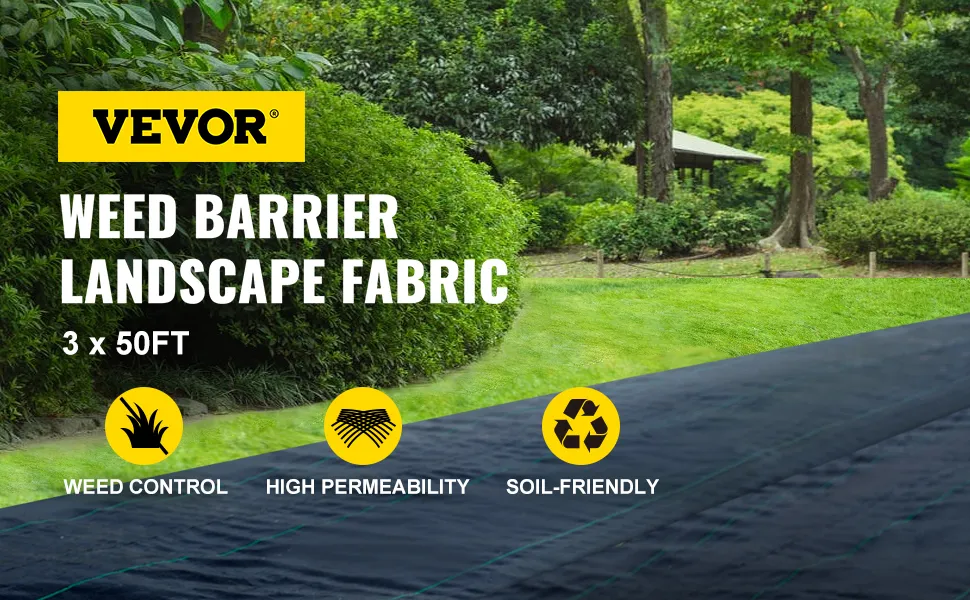 VEVOR weed barrier fabric in a green garden, highlighting weed control benefits.