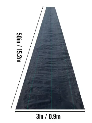 VEVOR weed barrier fabric, black, 50ft/15.2m by 3ft/0.9m, with green guidelines.