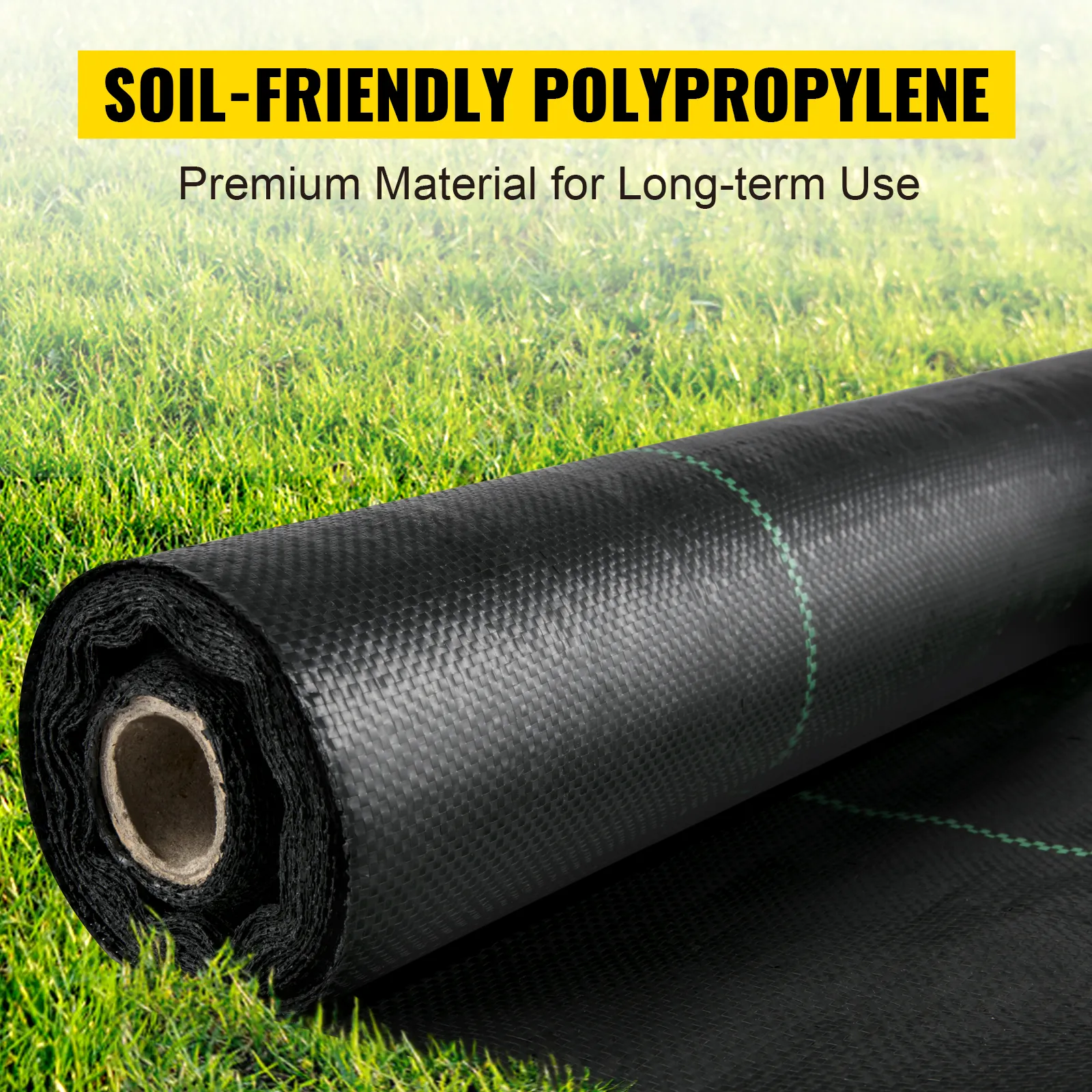 VEVOR weed barrier fabric roll on green lawn showing soil-friendly polypropylene material.